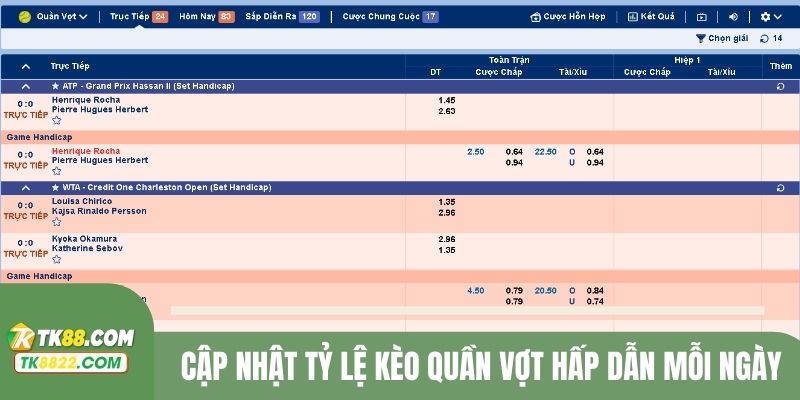 Cập nhật tỷ lệ kèo quần vợt hấp dẫn mỗi ngày