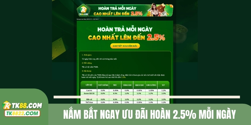 Nắm bắt ngay ưu đãi hoàn 2.5% mỗi ngày